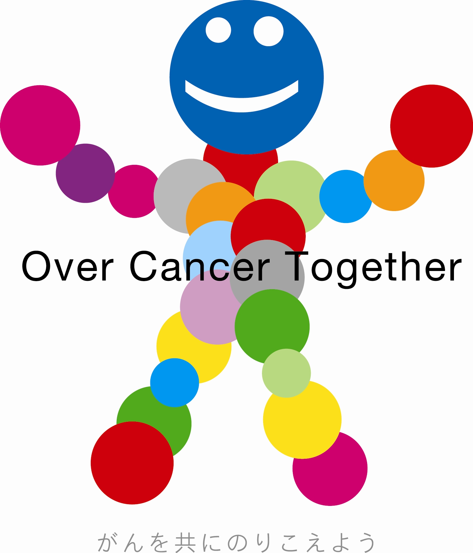 At the reception a vote was also carried out for determining the logo for the campaign. The logo was created by designer Mr.Haruhiko Hirota, who incorporated the ideas behind the campaign to develop an illustration that represented the involvement and support of many different people and many types of cancer by using a collection of colorful circles. The English strapline of ‘Over Cancer Together’ is superimposed on the image, giving the appearance of the figure approaching a finish line tape comprising the objective of this campaign.